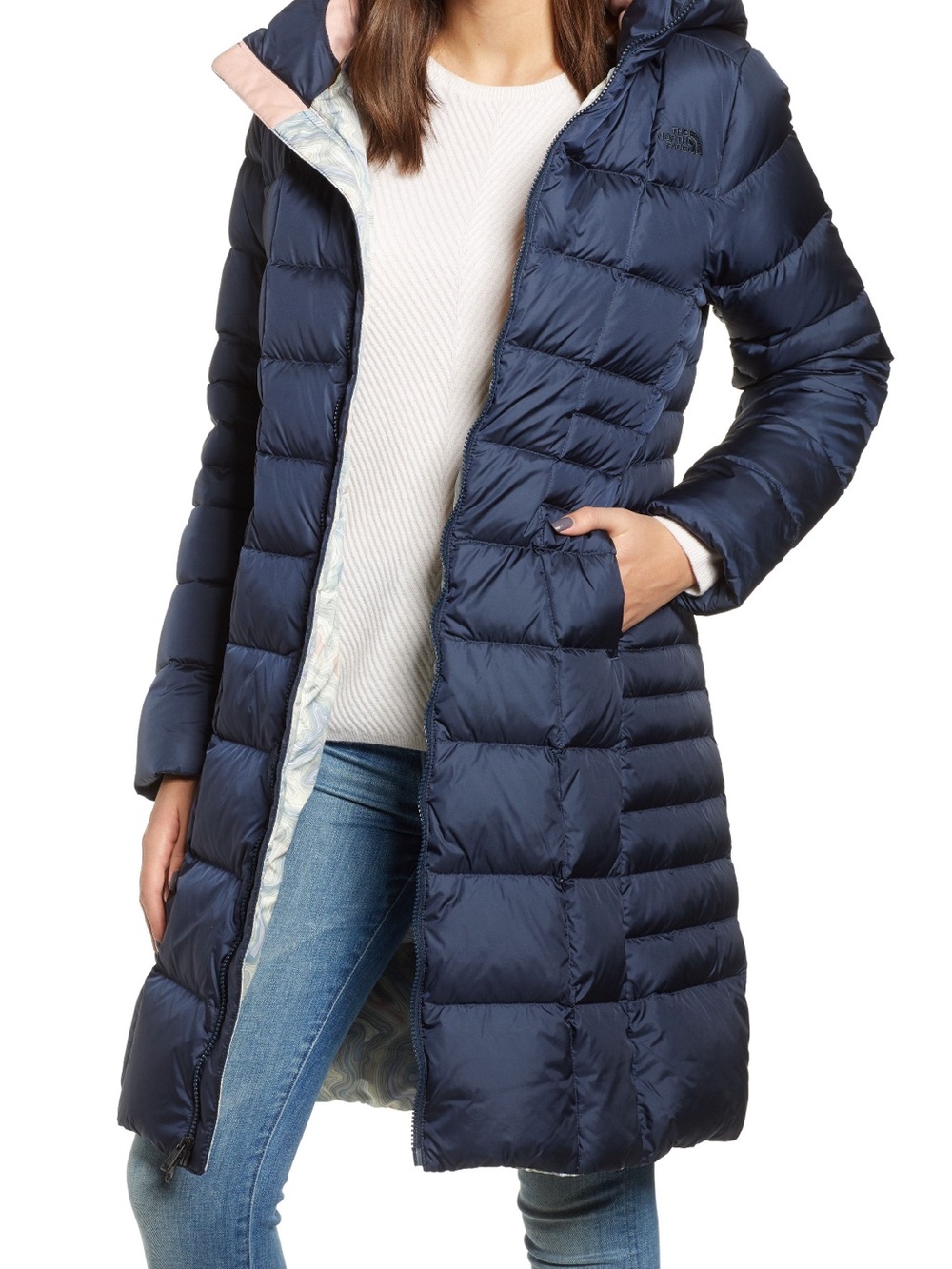 The North Face Metropolis Parka II 550 Down Long Puffer Coat Navy Small